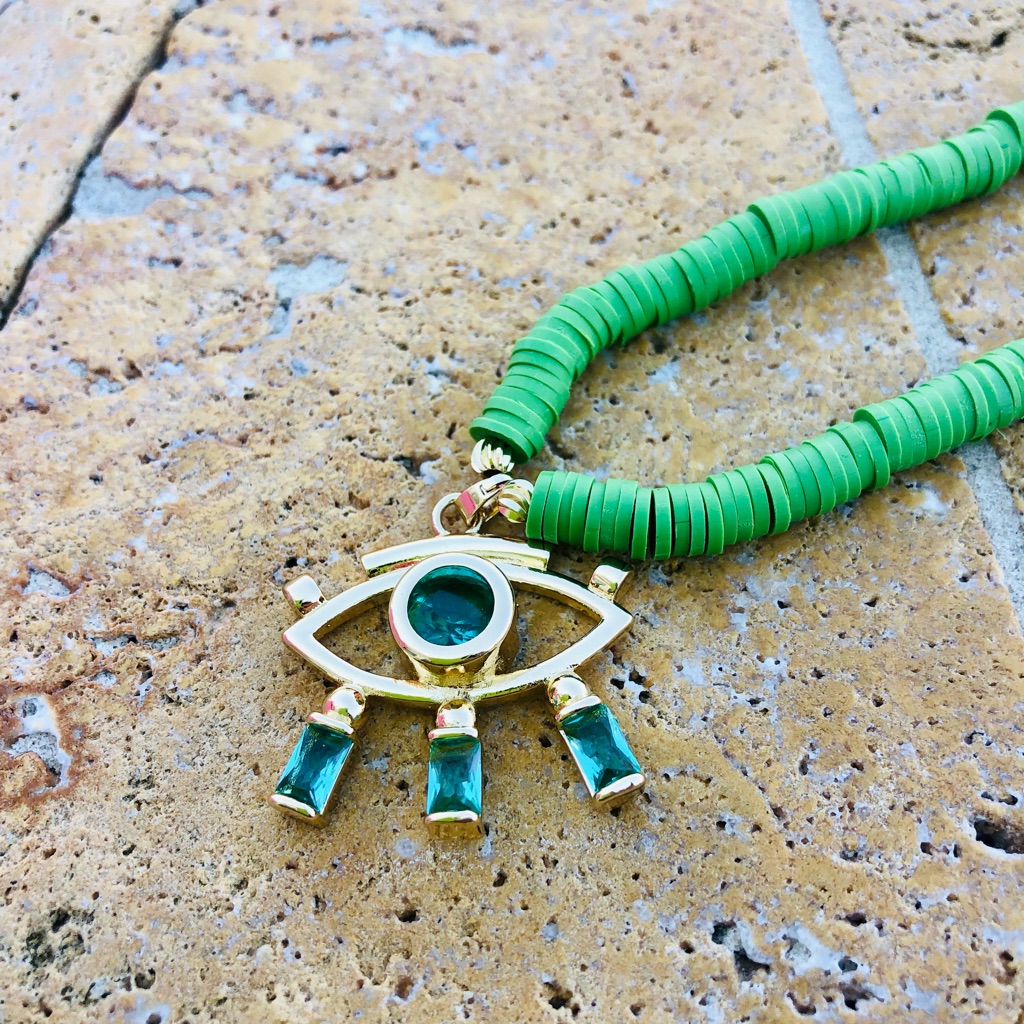 All Seeing Eye Green Bead Necklace-Boutique 26$